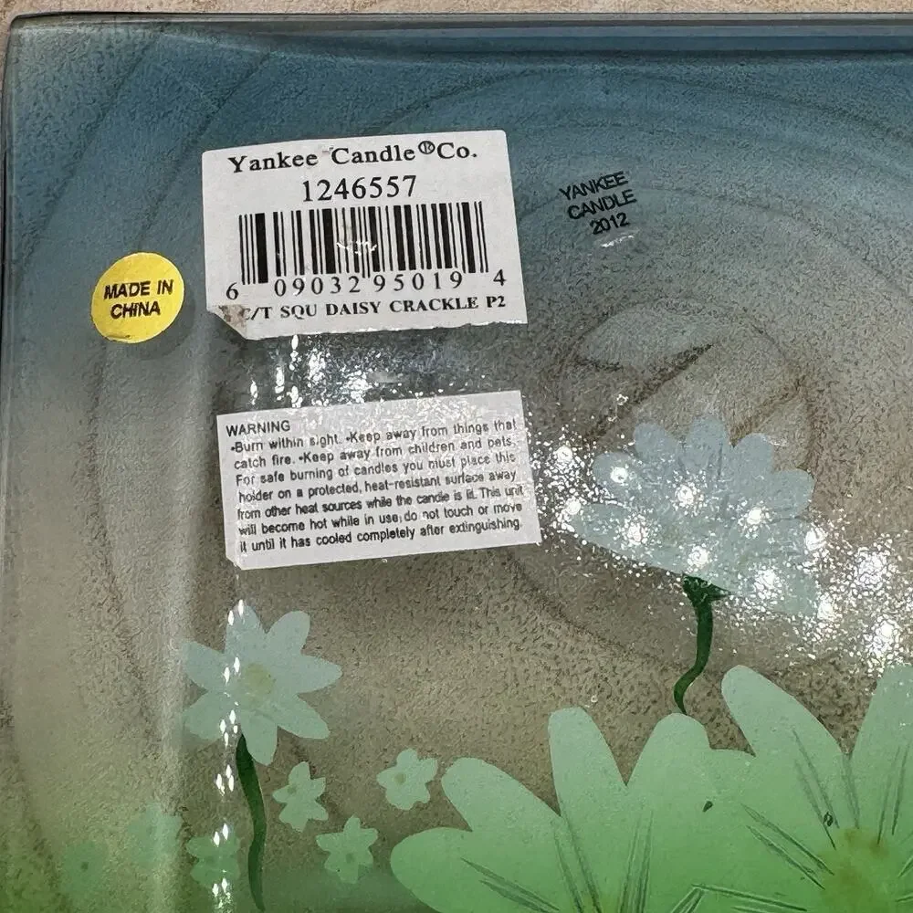 Yankee Candle Daisy Crackle‎ Glass Square Tray /Plate Holder Blue Green 5.5